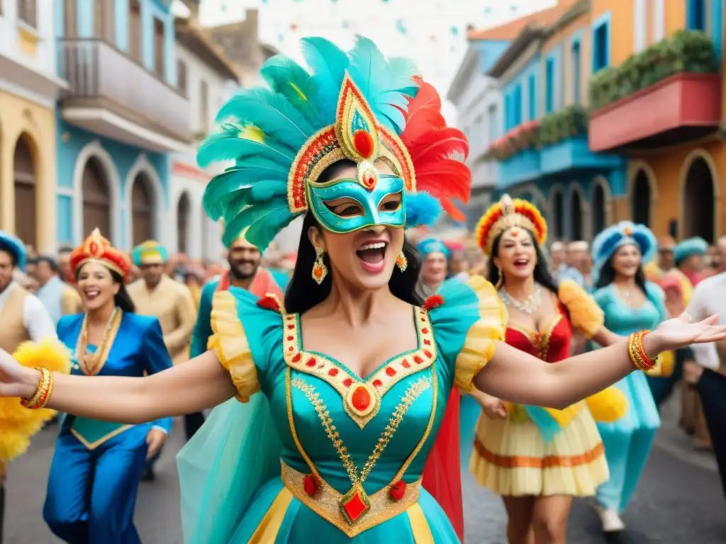 Una colorida pintura acuarela del vibrante Carnaval en Uruguay