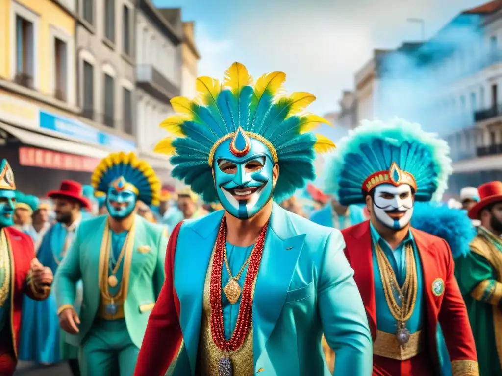 Una colorida pintura acuarela del vibrante Carnaval Uruguayo archivos digitalizados