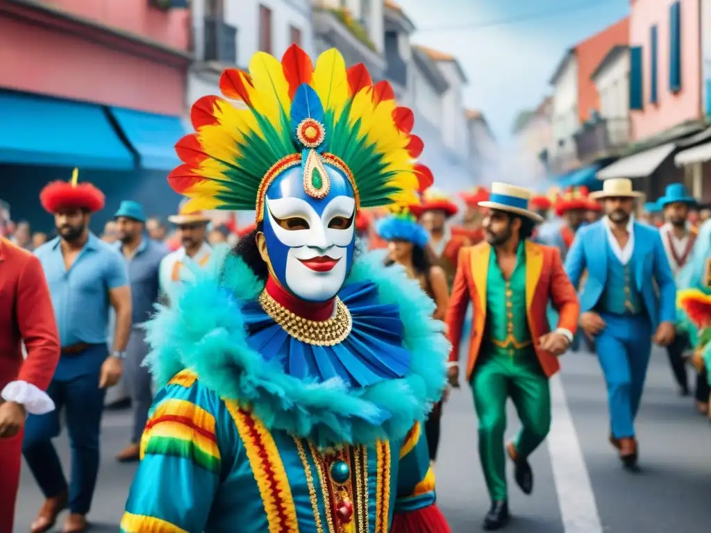 Una colorida pintura acuarela del vibrante Carnaval de Uruguay