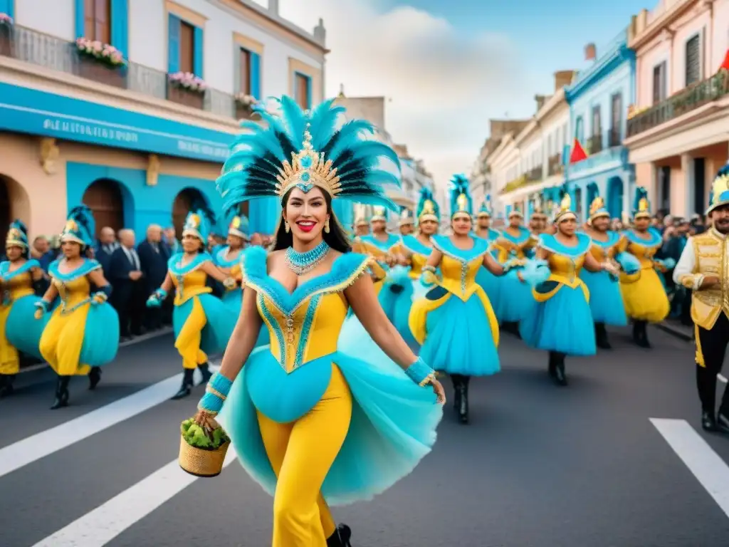 Una colorida pintura acuarela del vibrante Carnaval en Uruguay con trajes elaborados, carros alegóricos y música tradicional