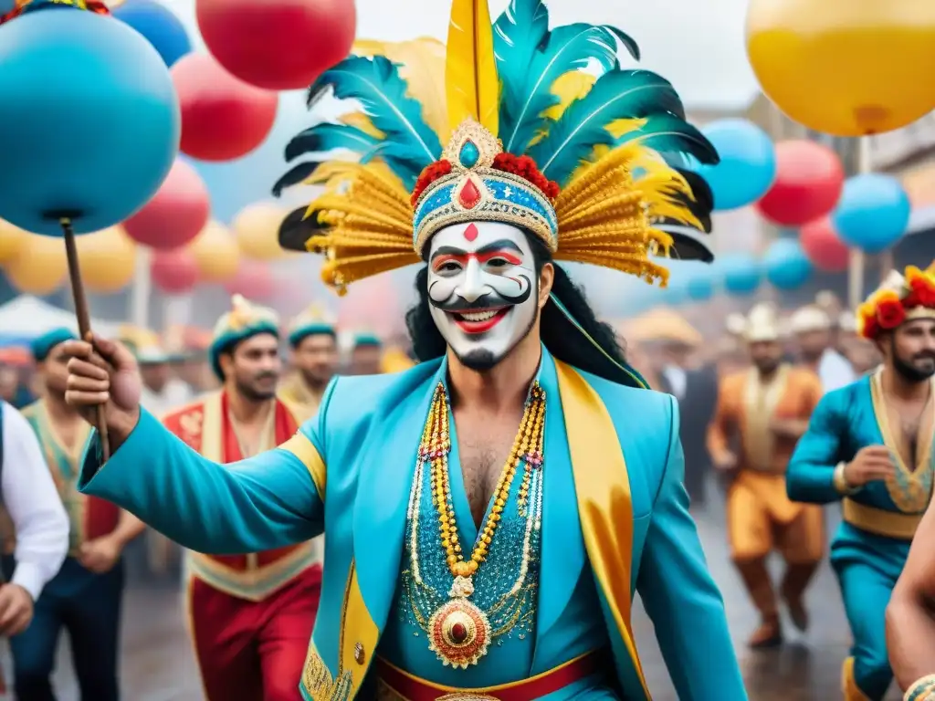 Una colorida pintura acuarela del vibrante Carnaval en Uruguay