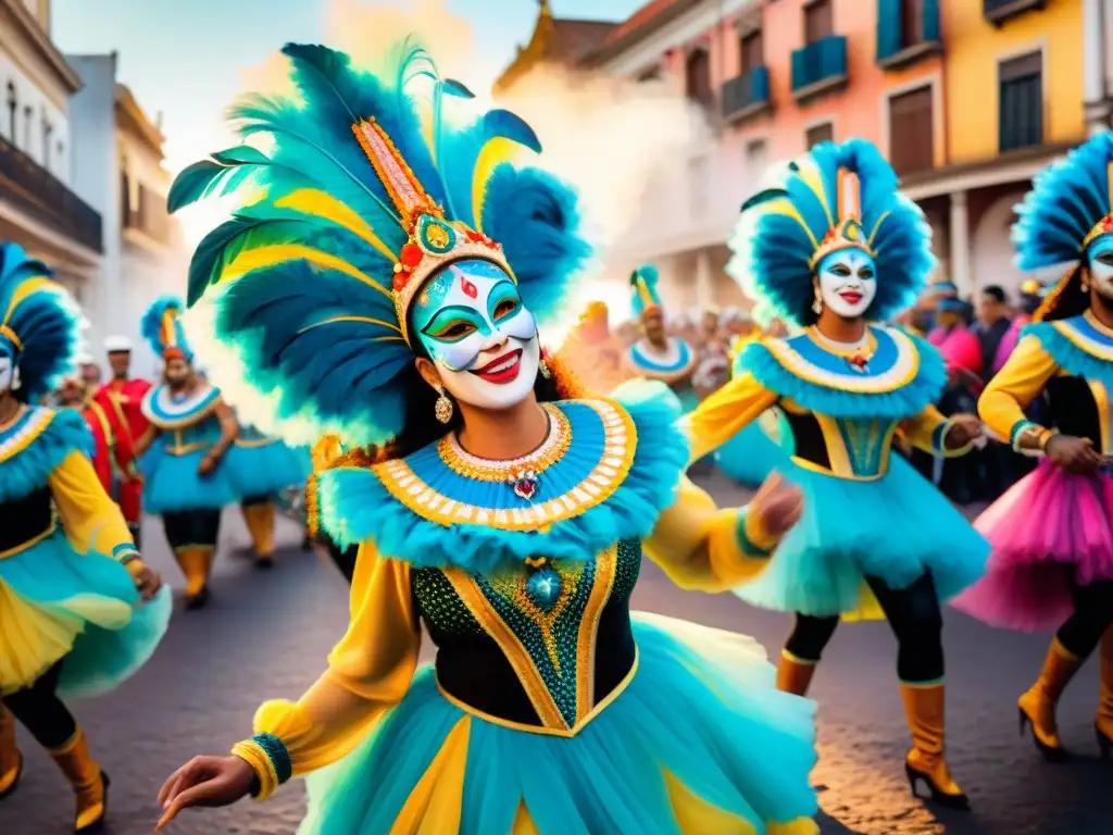 Una colorida pintura acuarela de una vibrante comparsa en trajes tradicionales del Carnaval Uruguayo, bailando al ritmo de tambores de candombe