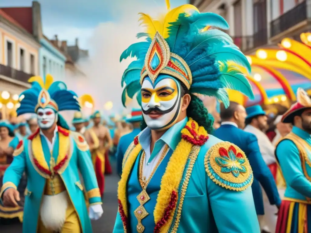 Una colorida pintura acuarela del vibrante desfile del Carnaval en Uruguay, con detallados trajes y espectadores entusiastas