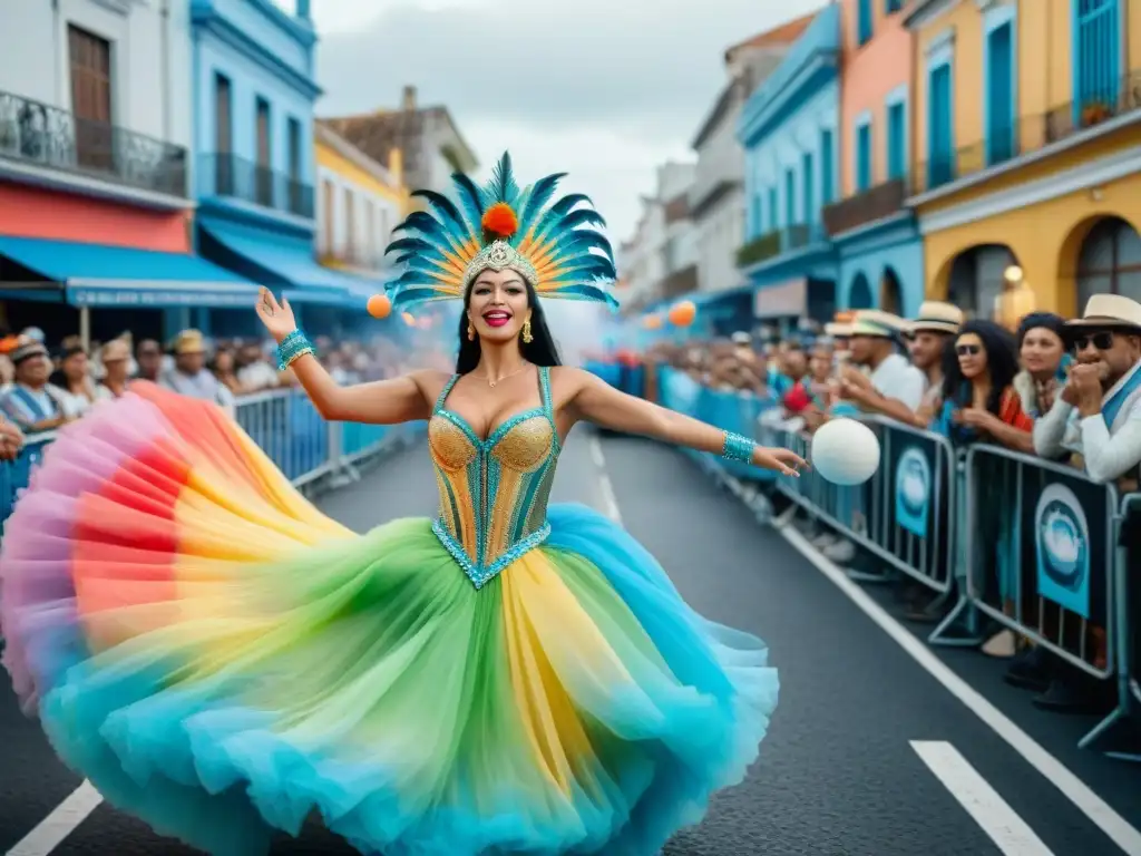 Una colorida pintura acuarela del vibrante desfile de Carnaval en Uruguay, reflejando la energía y emoción del festival