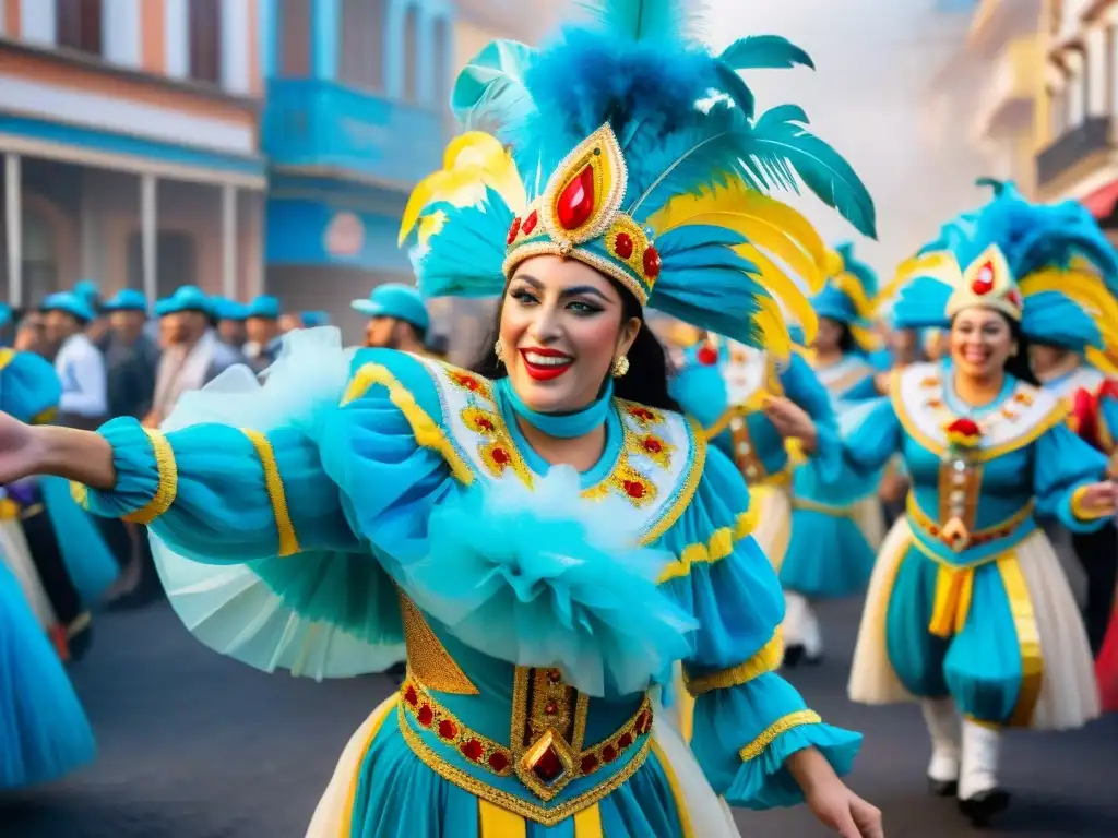 Una colorida pintura acuarela del vibrante Carnaval Uruguayo, con desfiles, bailarines y espectadores disfrutando de la celebración