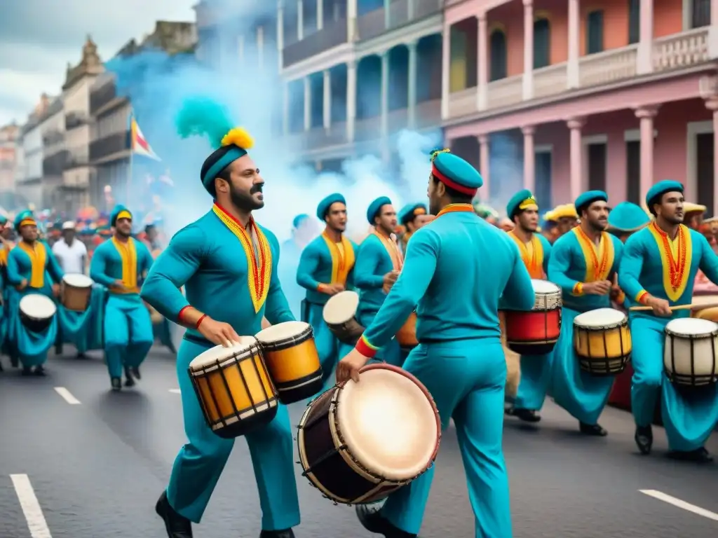 Una colorida pintura acuarela de un vibrante desfile de Candombe en Uruguay, con músicos, bailarines y espectadores disfrutando del ambiente festivo