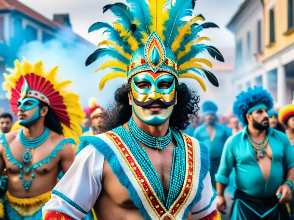 Una colorida pintura acuarela del vibrante desfile de Carnaval en Uruguay, con trajes y máscaras elaboradas, bailarines energéticos y una atmósfera festiva, detallando las texturas y patrones de los atuendos tradicionales en tonos vivos, capturando la esencia