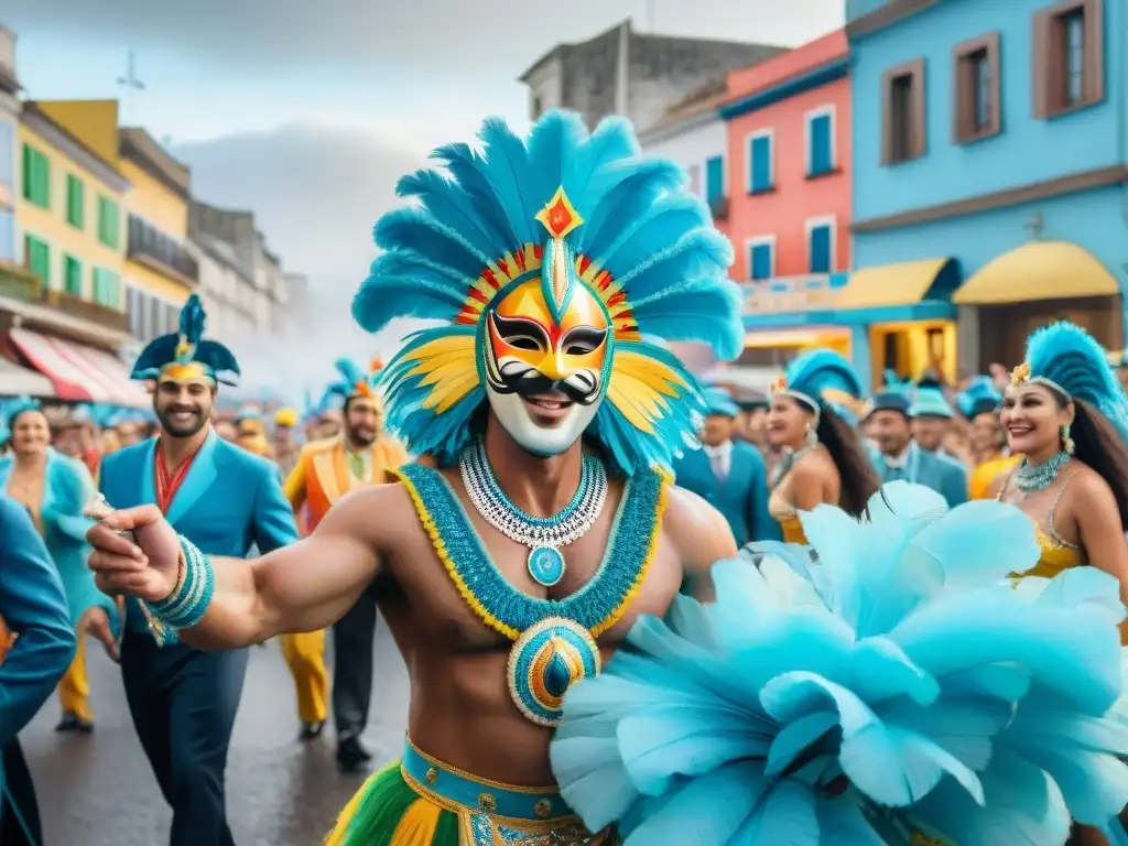 Una colorida pintura acuarela del vibrante Carnaval de Uruguay, con desfiles y multitudes alegres