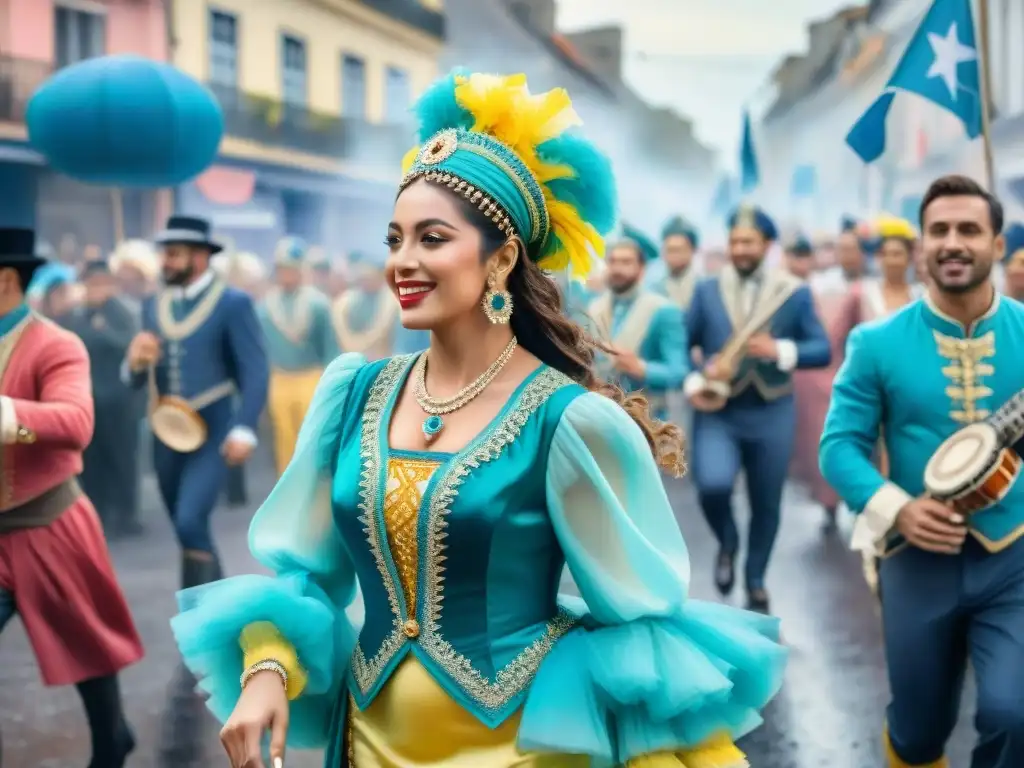 Una colorida pintura acuarela del vibrante desfile de Carnaval en Uruguay, capturando la energía y riqueza cultural