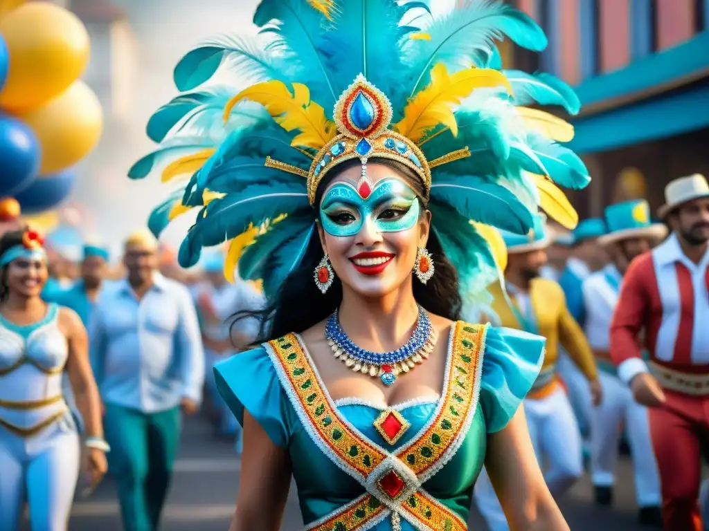 Una colorida pintura acuarela del vibrante Carnaval Uruguayo, con desfiles, trajes y espectadores alegres