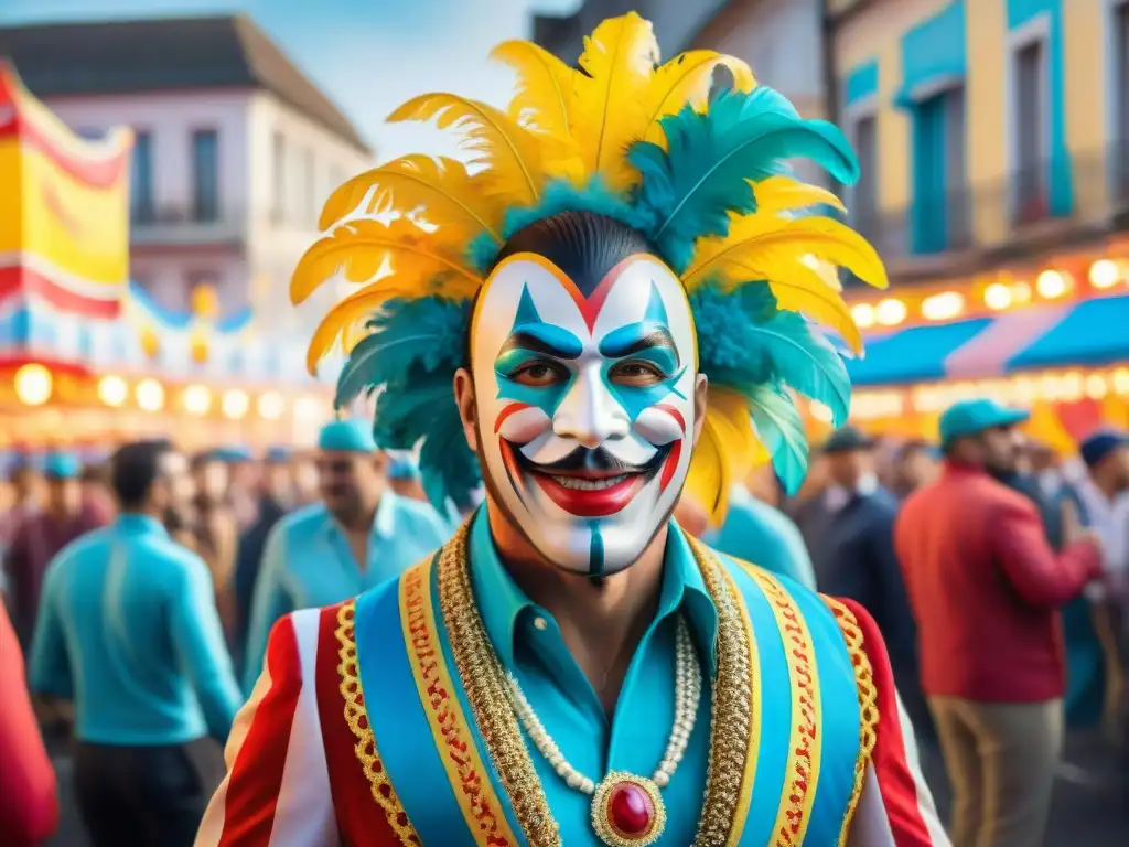 Una colorida pintura acuarela del vibrante desfile de carnaval en Uruguay