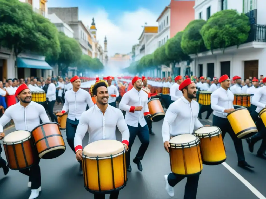 Una colorida pintura acuarela del vibrante desfile de Candombe en Montevideo, Uruguay