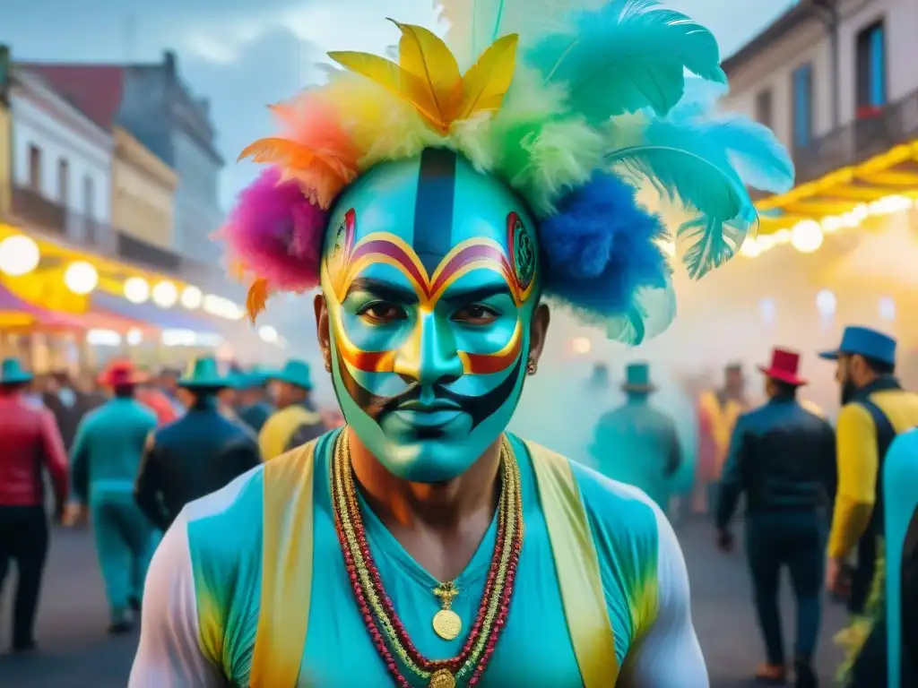 Una colorida pintura acuarela del vibrante desfile de Carnaval en Uruguay, capturando la energía y espíritu del evento