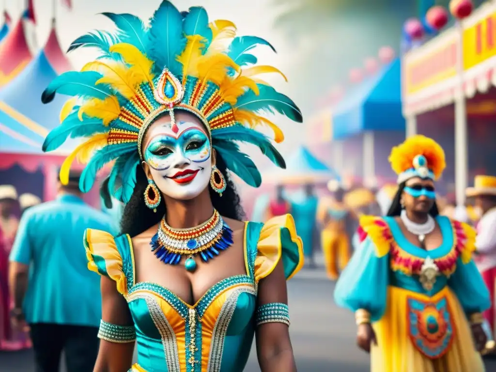 Una colorida pintura acuarela que muestra vibrantes trajes de carnaval con detalles intrincados