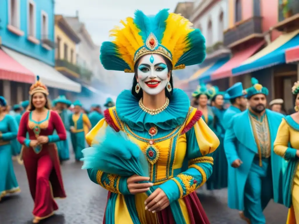 Una colorida pintura al agua que muestra una bulliciosa calle uruguaya llena de lugareños en trajes coloridos, preparándose para el carnaval