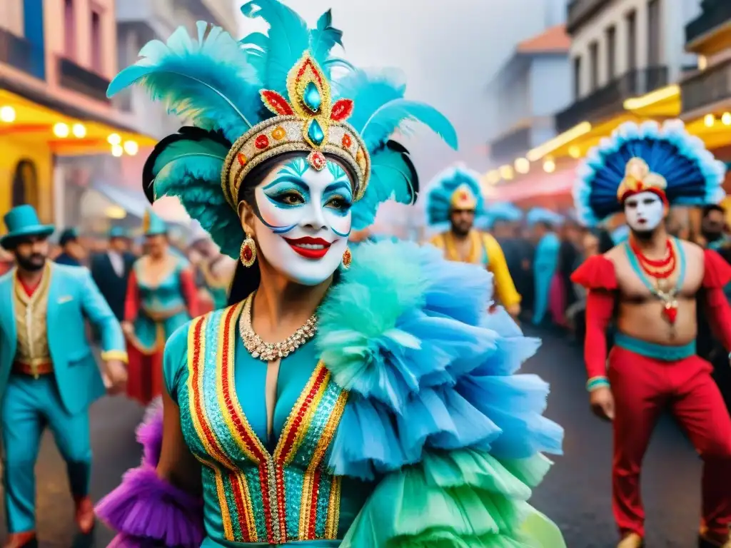 Una colorida pintura al agua que refleja la diversidad del Carnaval en Montevideo, transmitiendo energía y unidad