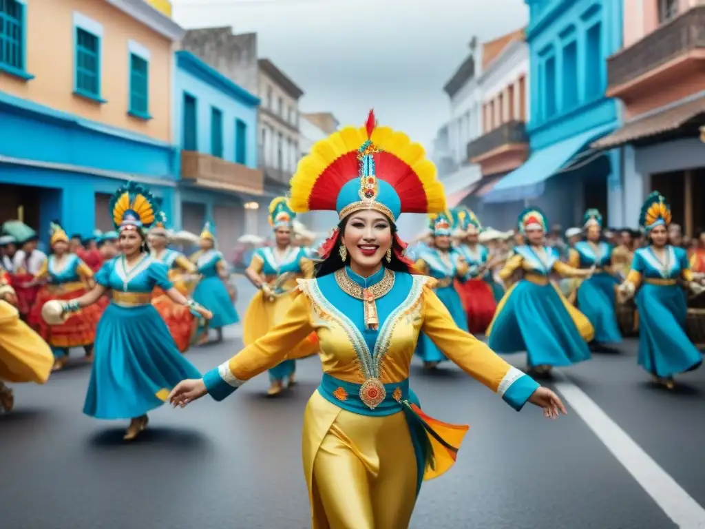 Una colorida pintura al agua de un vibrante desfile callejero en Uruguay, con artistas en trajes tradicionales de murga