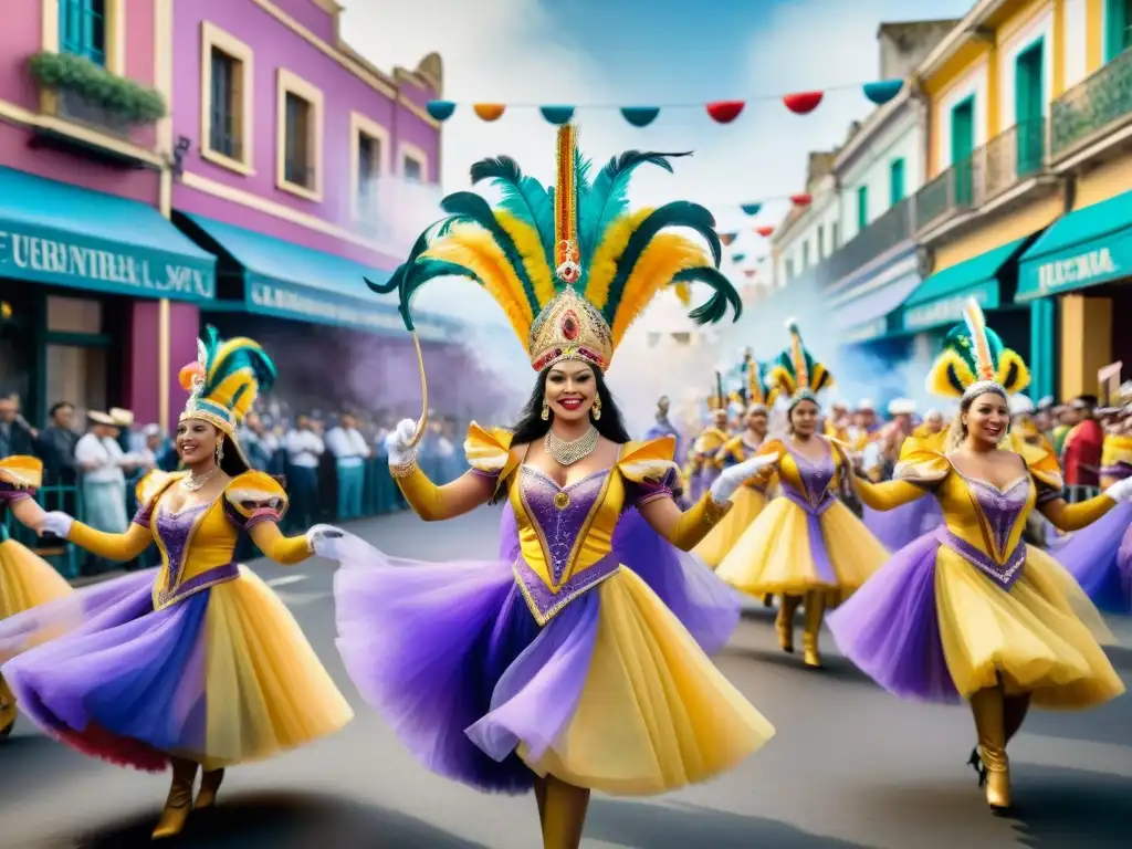 Una colorida pintura al agua del vibrante Carnaval Uruguayo, inspiración para artistas