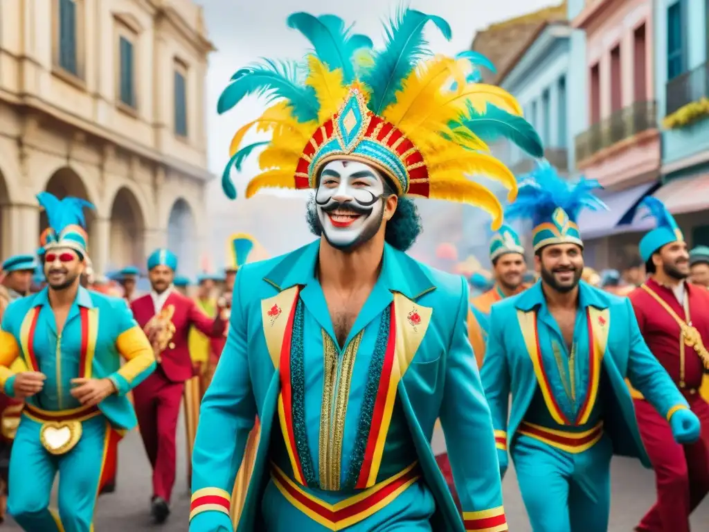 Una colorida pintura de Carnaval en Uruguay con bailarines, músicos y espectadores, captando la energía y emoción del evento