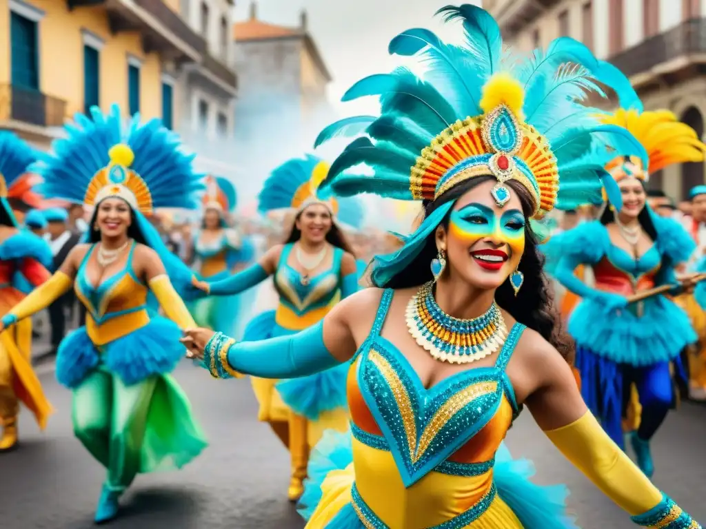 Una colorida pintura acuarela detallada del Carnaval en Uruguay, con bailarines adornados y edificios coloniales