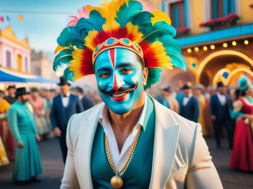 Una colorida pintura acuarela con influencia de Alfredo Zitarrosa, muestra alegre escena de murgas uruguayas en carnaval