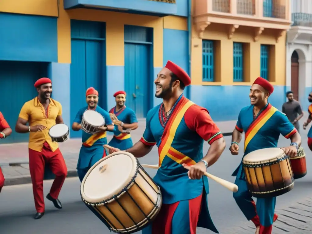 Colorida pintura de tambores Candombe en Montevideo, Uruguay