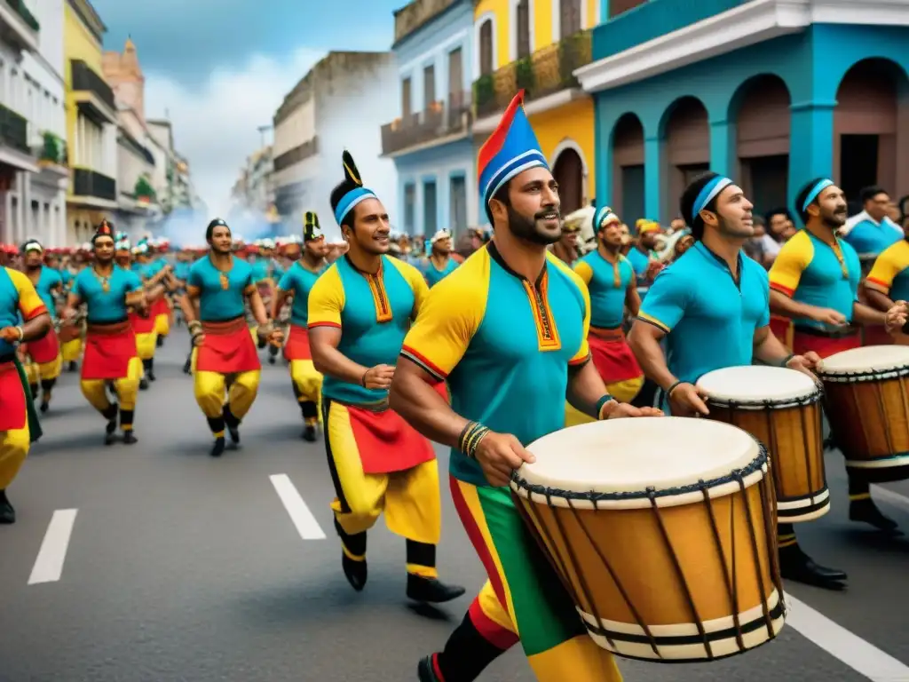 Colorida pintura de un vibrante desfile de Candombe en Uruguay con talleres de candombe en Uruguay