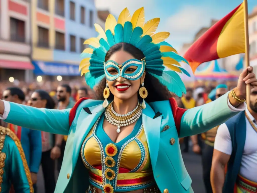 Una colorida protesta social en el carnaval uruguayo con vestuarios simbólicos y mensajes de activismo