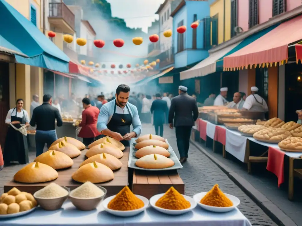 Colorida gastronomía carnavalesca en Uruguay: puestos de comida vibrantes, chefs preparando chivitos y empanadas con destreza, decoraciones festivas