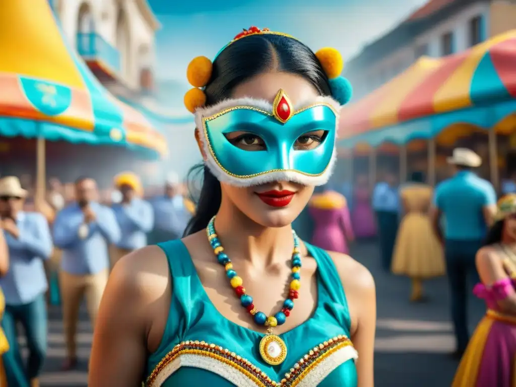 Colorida receta alfajores carnaval Uruguayo: escena vibrante de carnaval con máscaras y danzas tradicionales