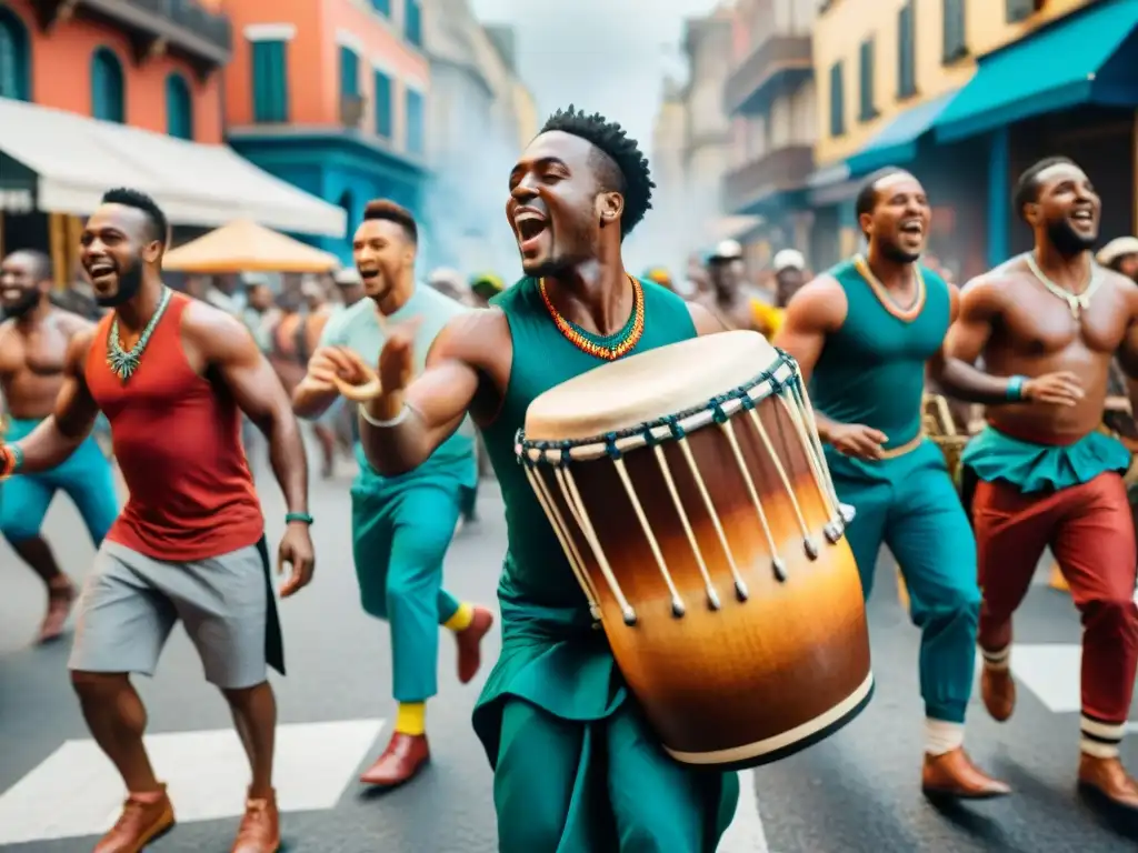 Una colorida ilustración acuarela de tambores africanos en un desfile callejero animado