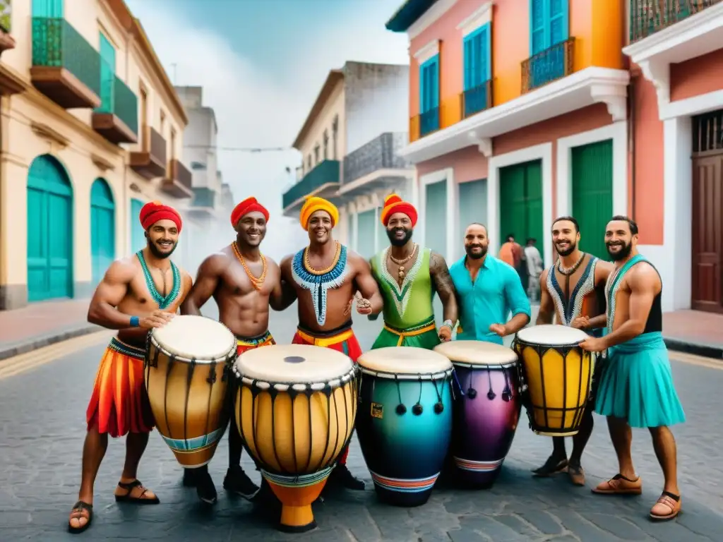 Una colorida ilustración acuarela de un tradicional círculo de tambores de Candombe en Montevideo, Uruguay