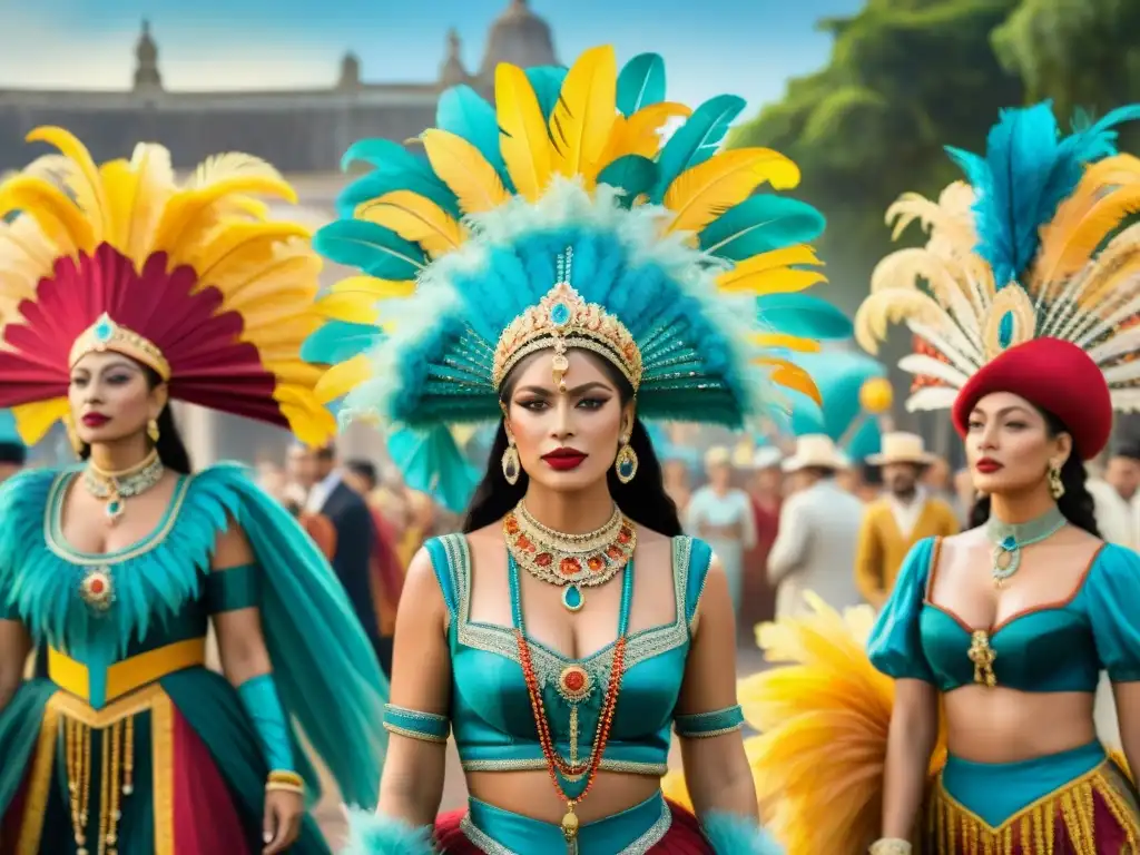 Una colorida procesión de Trajes de Carnaval preservando historia en detallada acuarela