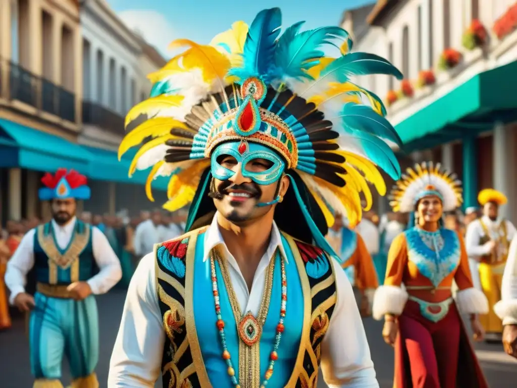 Una colorida colección de trajes de carnaval uruguayo, con máscaras, tocados de plumas y instrumentos musicales tradicionales