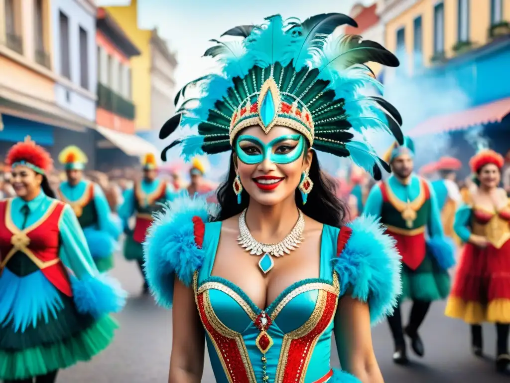 Una colorida ilustración acuarela de trajes tradicionales del carnaval uruguayo, con detalles brillantes y vibrantes en rojo, azul, amarillo y verde