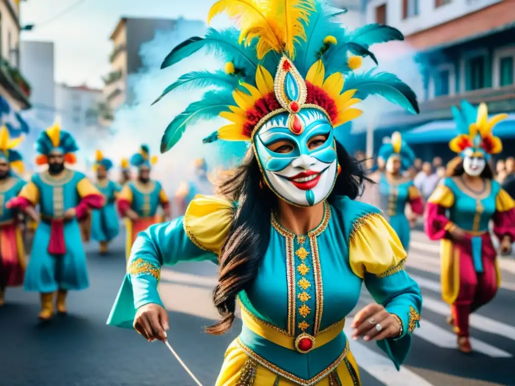 Una colorida ilustración acuarela del vibrante Carnaval en Uruguay, capturando la estética visual del evento