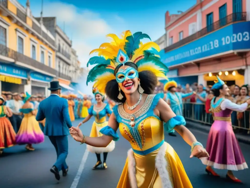 Una colorida ilustración acuarela del vibrante Carnaval en Montevideo, con murgas, espectadores y carros alegóricos