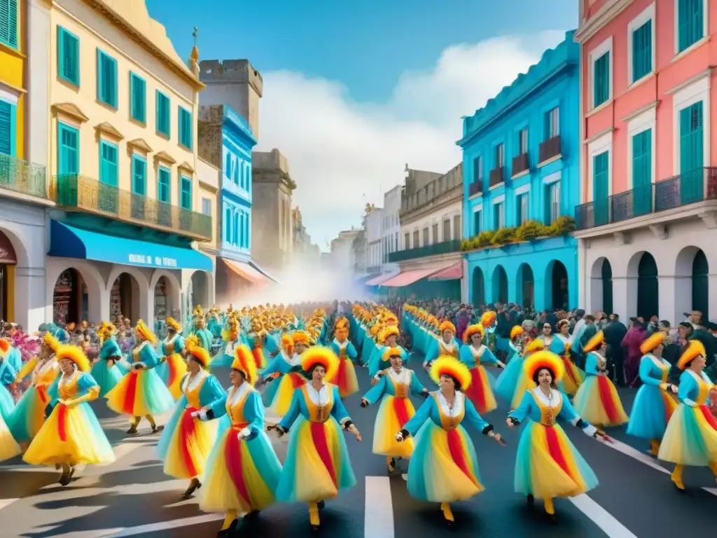 Colorida ilustración acuarela del vibrante Carnaval Uruguayo, con bailarines, música y gastronomía