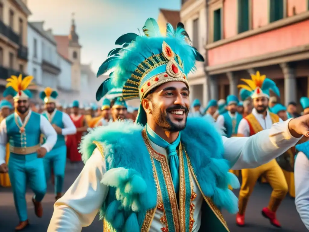 Colorida ilustración acuarela del vibrante Carnaval Uruguayo con artistas y música tradicional, influencias colaboraciones América