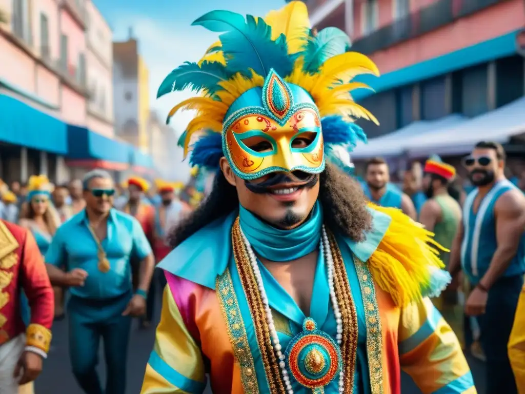 Una colorida ilustración acuarela del vibrante desfile de Carnaval en Montevideo, Uruguay, con detalles intrincados y música animada