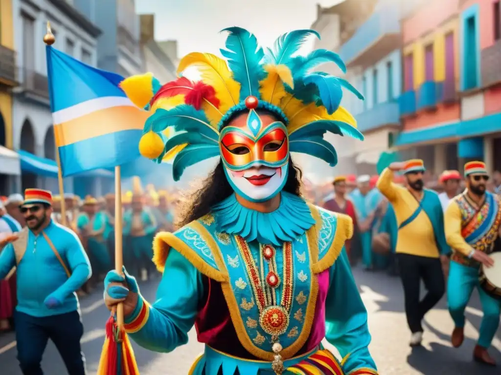 Una colorida ilustración acuarela del vibrante desfile de Carnaval en Uruguay