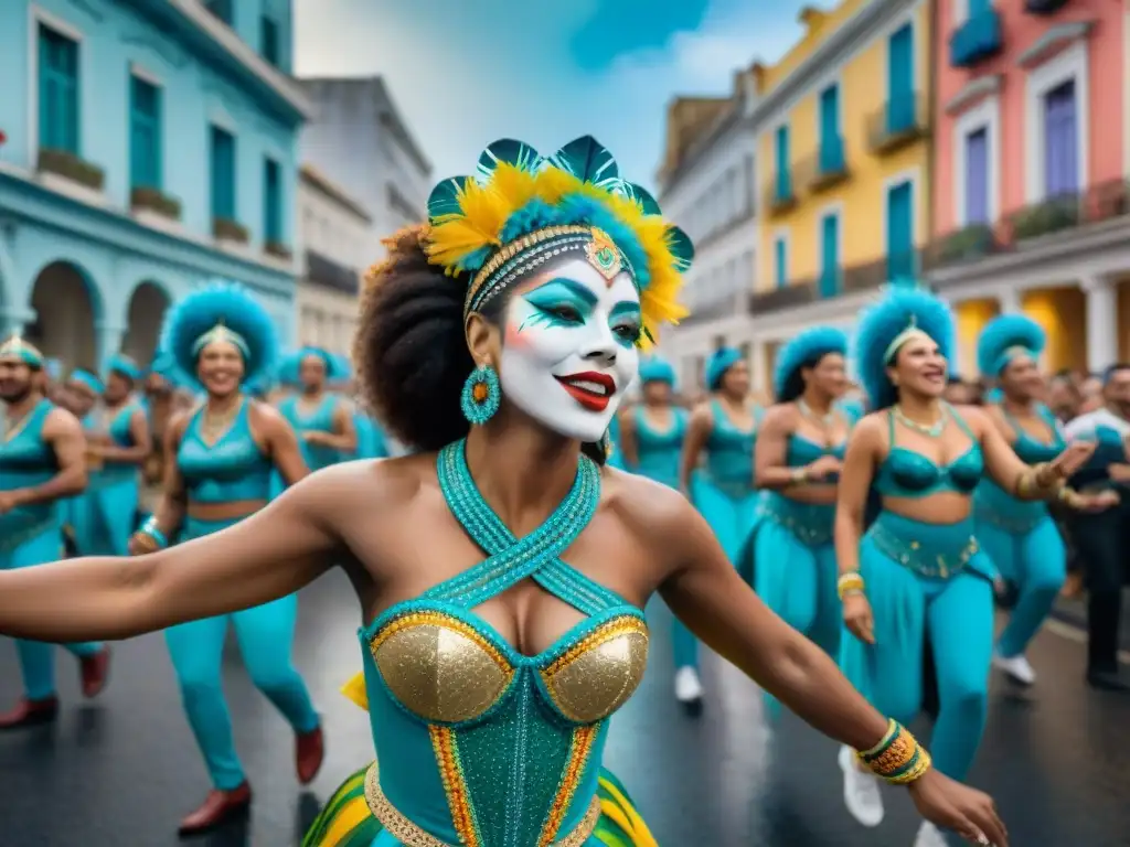 Una colorida ilustración acuarela del vibrante desfile de Carnaval en Uruguay