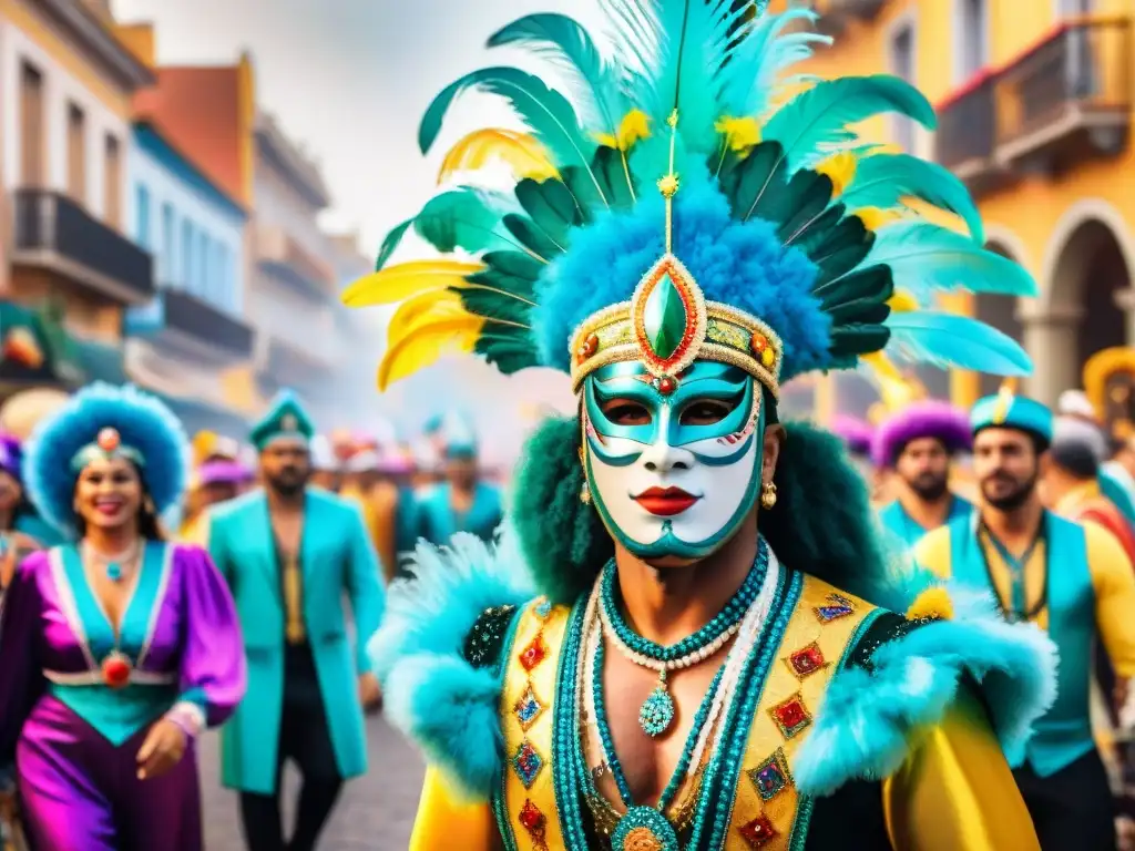 Una colorida ilustración acuarela del vibrante desfile del Carnaval Uruguayo con curiosidades en trajes famosos