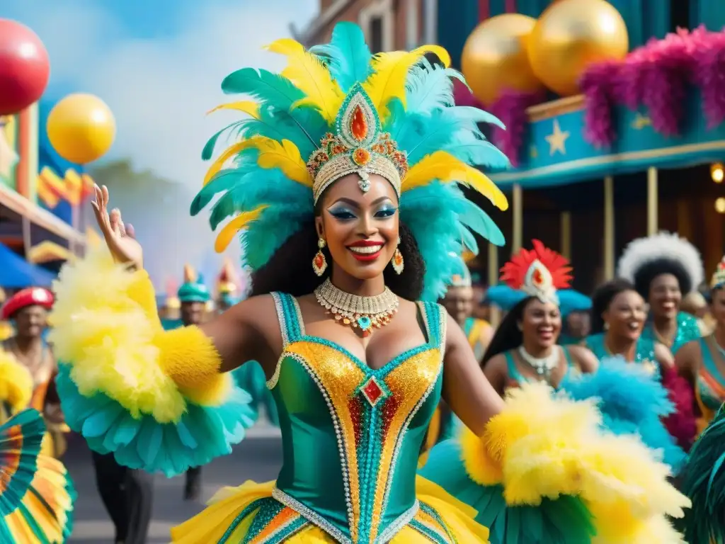 Una colorida ilustración acuarela de un vibrante desfile de Carnaval con bailarines y carros alegóricos