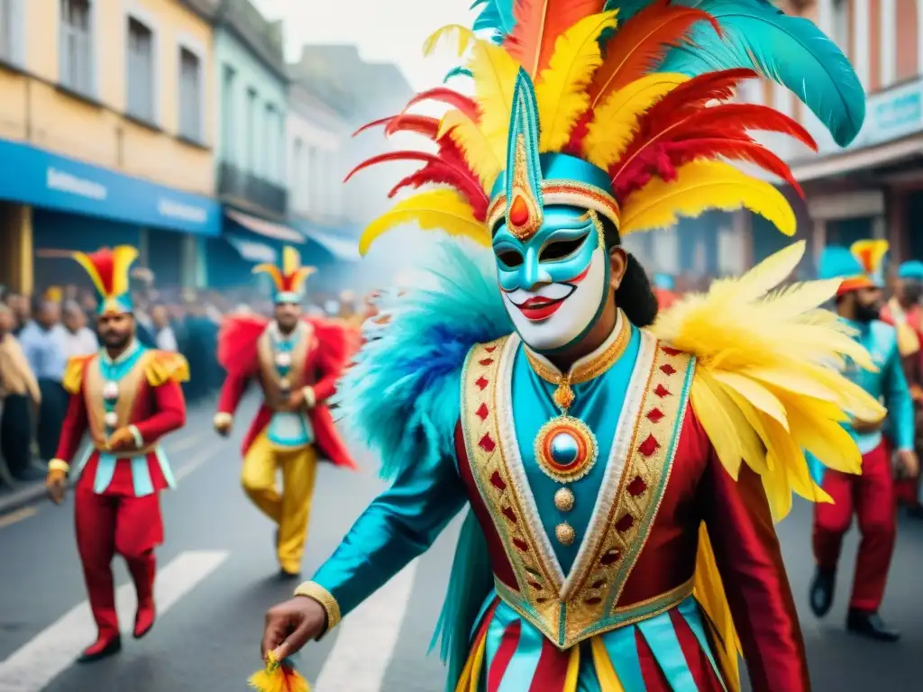 Una colorida ilustración acuarela del vibrante desfile de carnaval en Uruguay