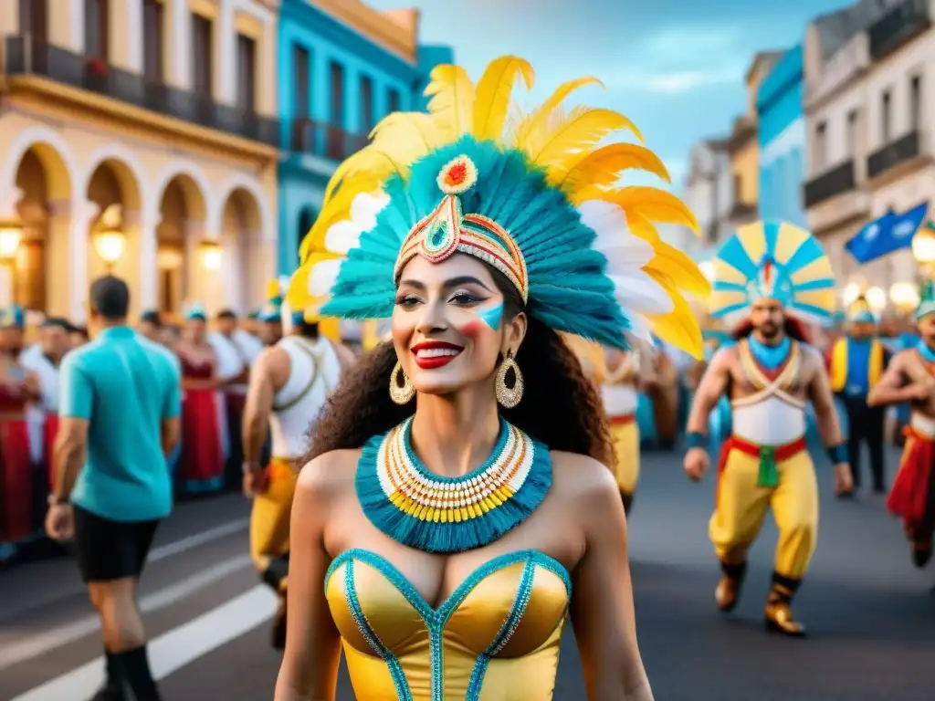 Una colorida ilustración acuarela del vibrante desfile de Carnaval en Uruguay fusionando tradición y tecnología en el Carnaval Uruguayo