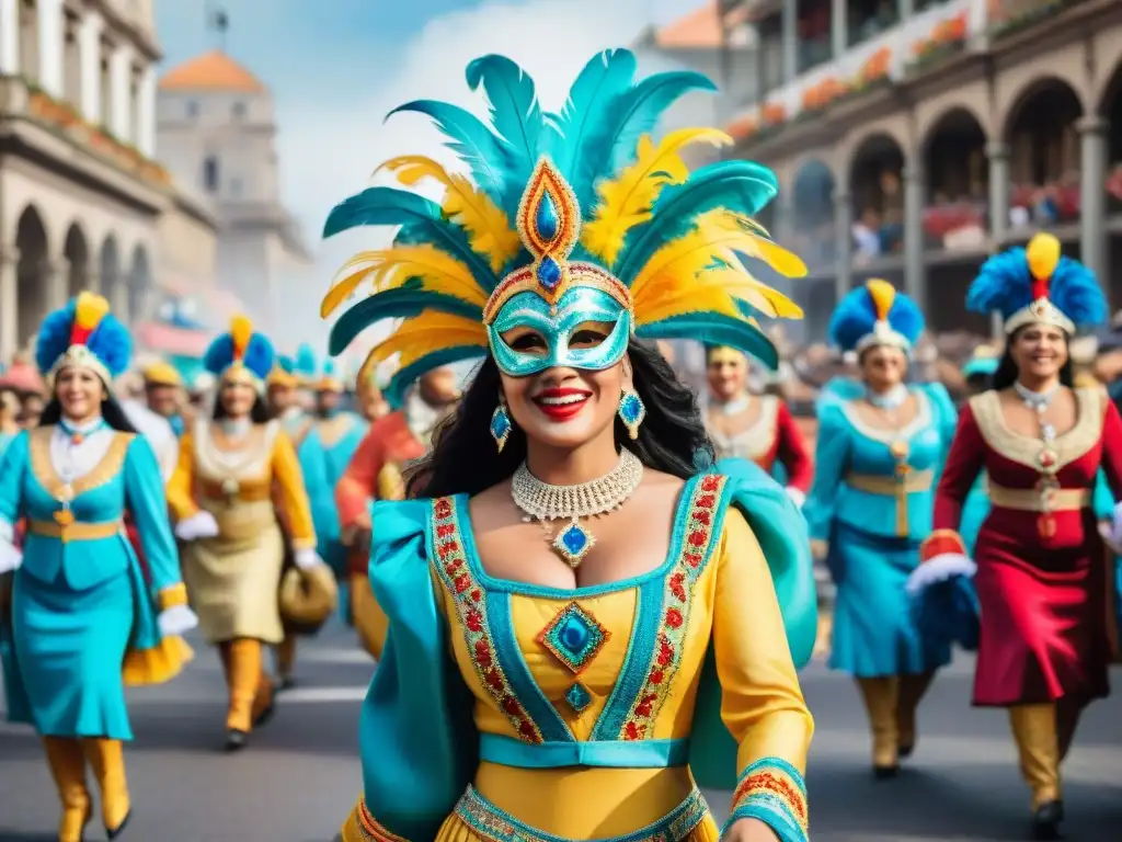 Una colorida y vibrante pintura acuarela del Carnaval Uruguayo, mostrando una paleta de colores exuberante en trajes, máscaras y bailarines