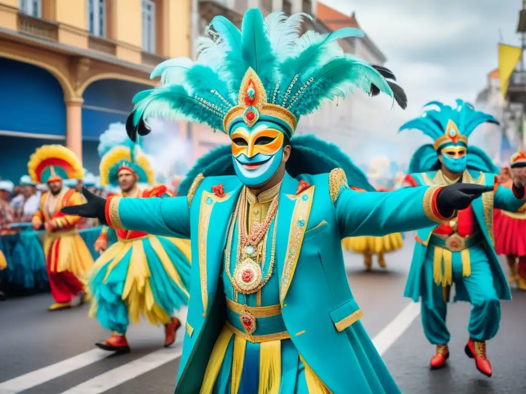 Una colorida y vibrante pintura acuarela del Carnaval en Uruguay, con detalles tradicionales y elementos innovadores