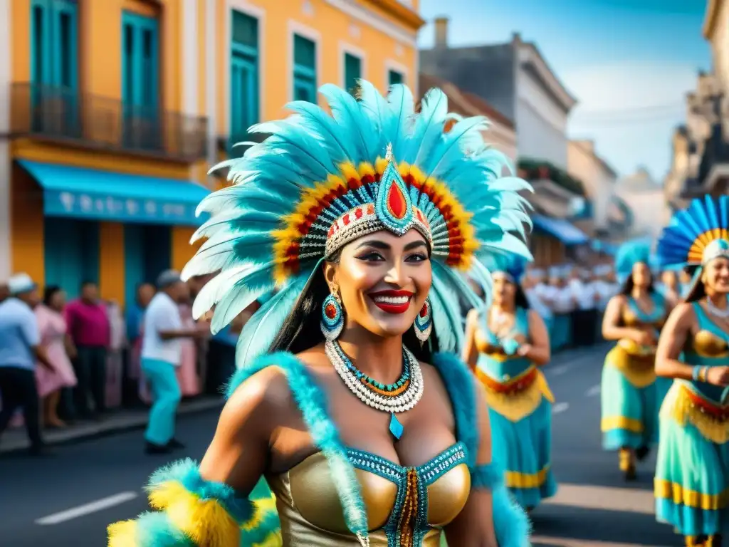 Una colorida y vibrante pintura acuarela del Carnaval en Uruguay, mostrando la historia y tradiciones del Carnaval Uruguayo