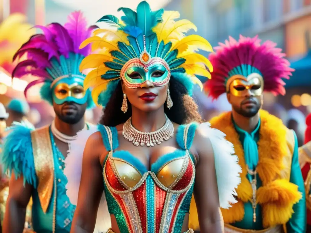 Una colorida representación de la visibilidad de minorías en Carnaval, con diversos personajes en trajes festivos